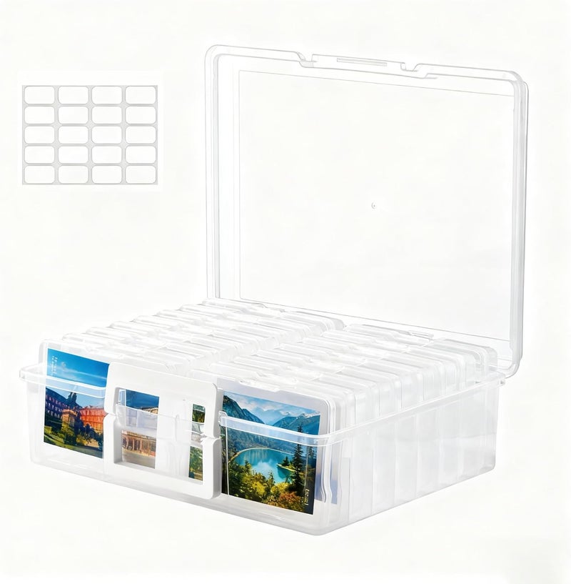 Photo Storage Box with 16 Inner 4" x 6" Photo Case, Portable Storage Organizer with Handle Craft Keeper for Picture, Stickers, Stamps, Screws, Hair Clips, Clear